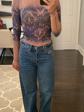 Aritzia Sheer Long Sleeve Top in Nude with Navy Lace Print